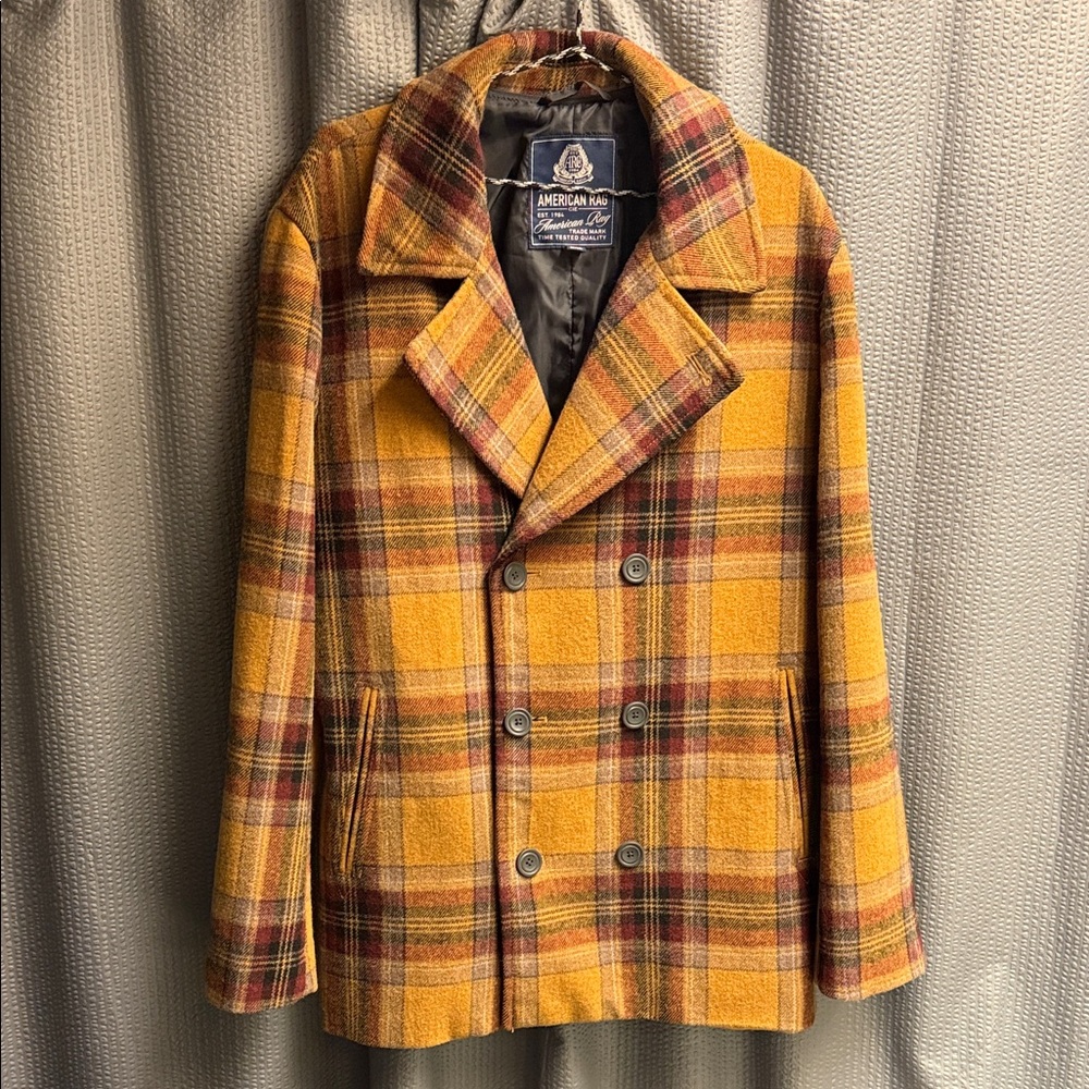 American Rag Men's Vibrant Yellow Plaid Peacoat